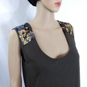 JUICY Sequin Dreams Dark Olive Flowy Tank Sequined Shoulders NWOT Sz Med